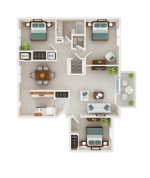 Floor plan for 3 beds, 1.5 baths, 1113 sqft